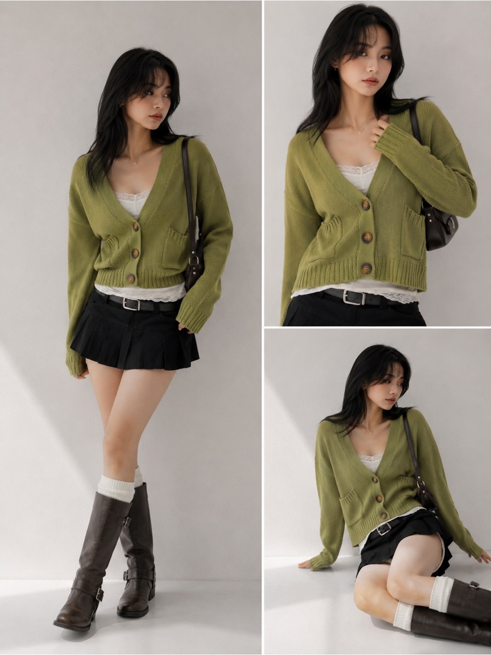 Emory Park Olive Green Knit Oversized Korean Cardigan Cropped M fits XS / S - Picture 6 of 6